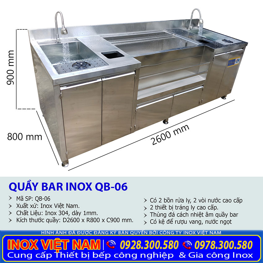 Kích thước quầy pha chế inox QB-06