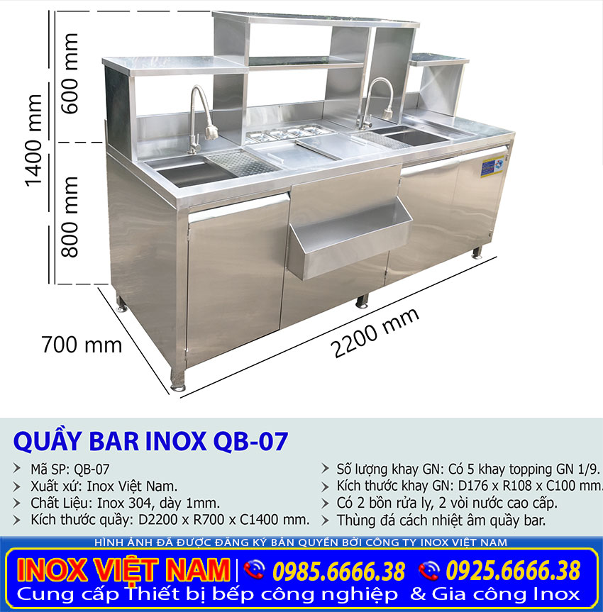 Kích thước quầy bar trà sữa inox