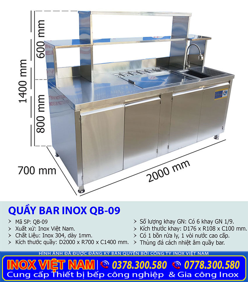 Kích thước quầy pha chế inox QB-09