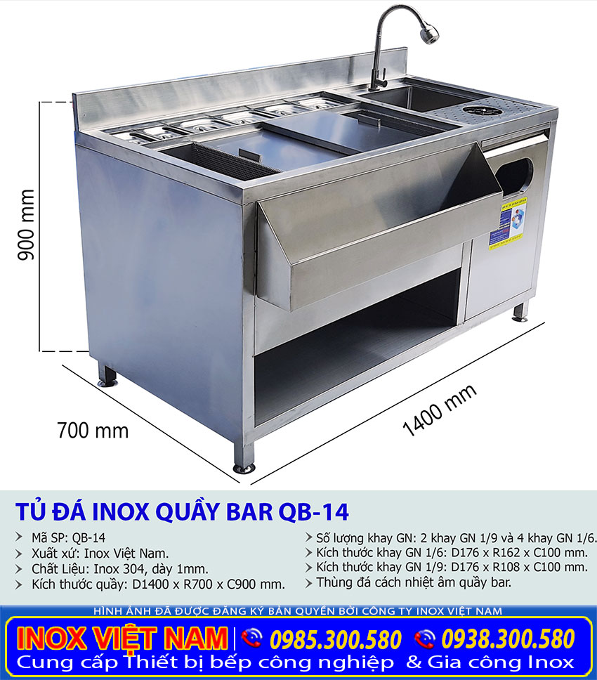 Tỷ lệ kích thước quầy bar pha chế inox chất lượng QB-14