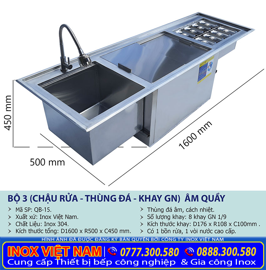 Kích thước bộ 3 thùng đá inox chậu rửa khay topping âm quầy QB-15