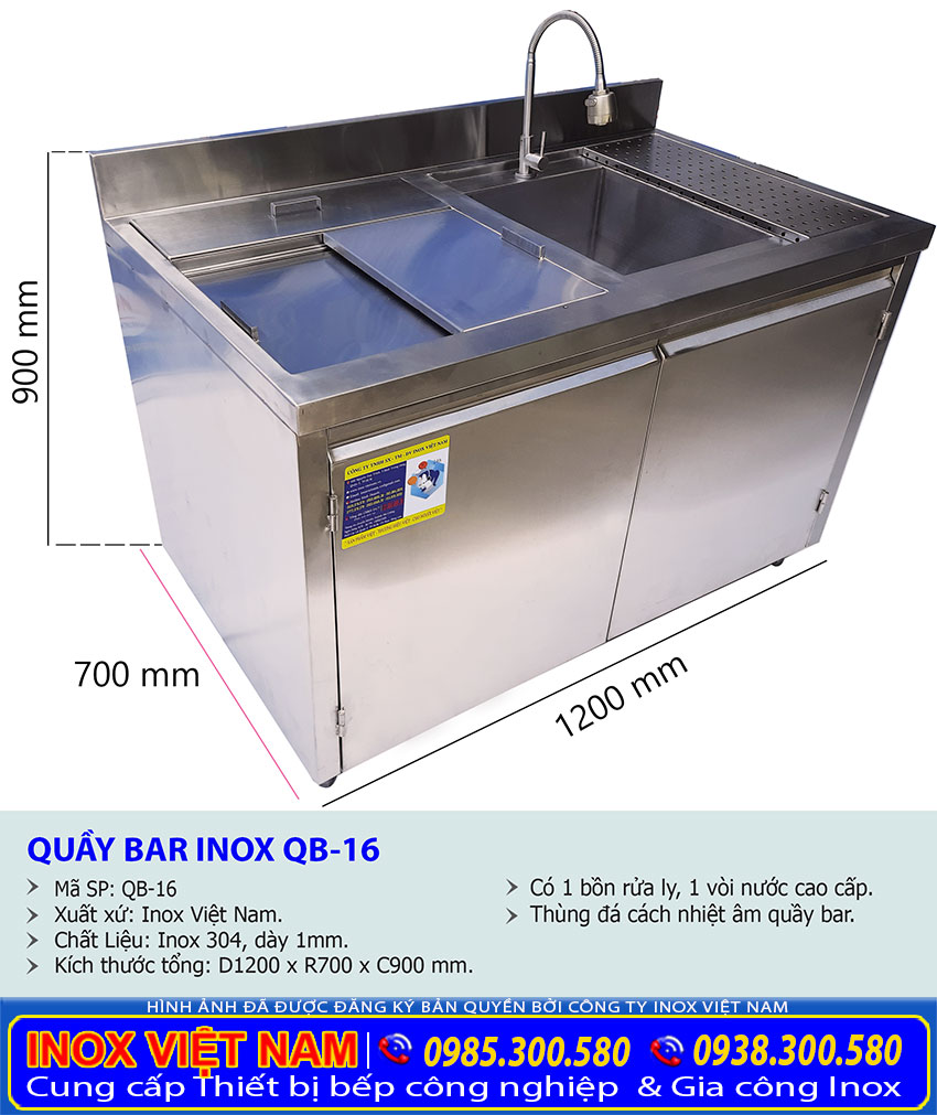 Kích thước tủ quầy pha chế inox QB-16