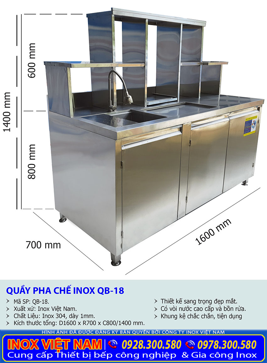 Tỷ lệ kích thước quầy bar pha chế inox QB-18