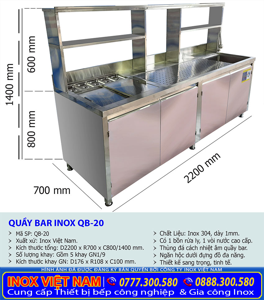 Kích thước quầy pha chế trà sữa inox 2m2