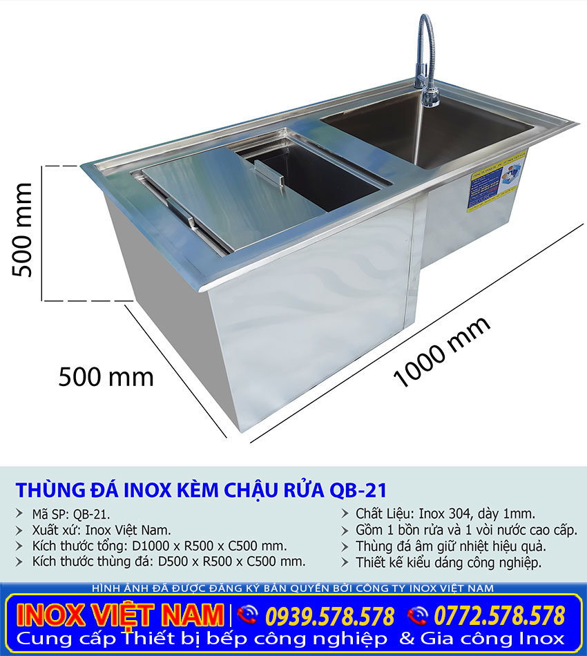 Kích thước thùng đá inox kèm chậu rửa âm quầy