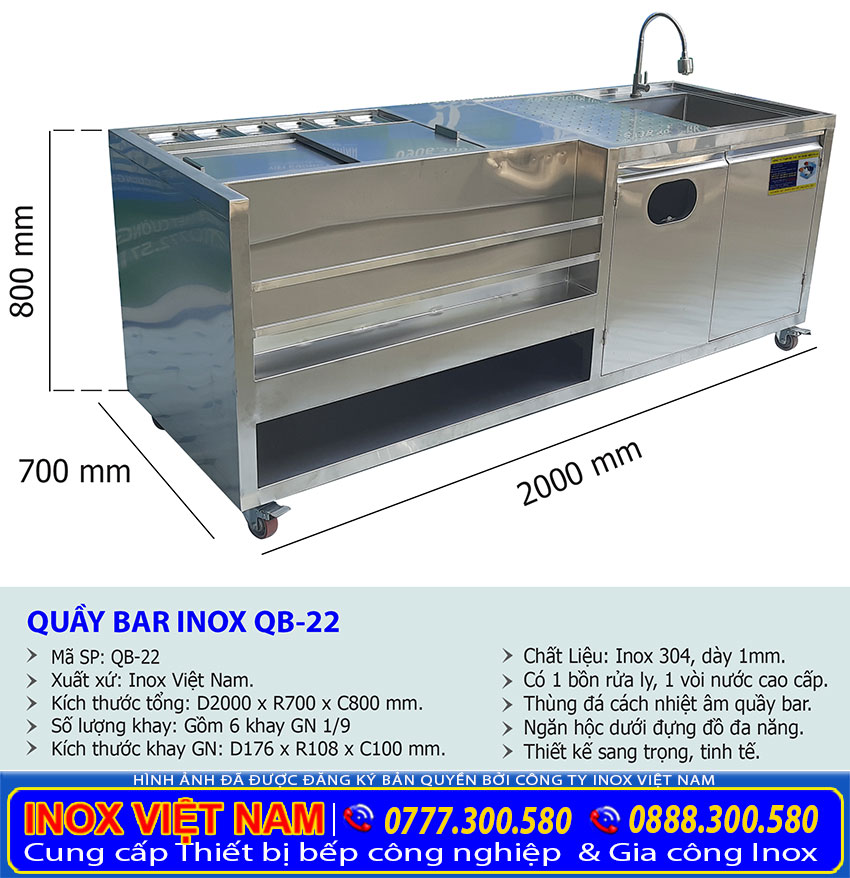 Kích thước quầy bar pha chế trà sữa inox QB-22