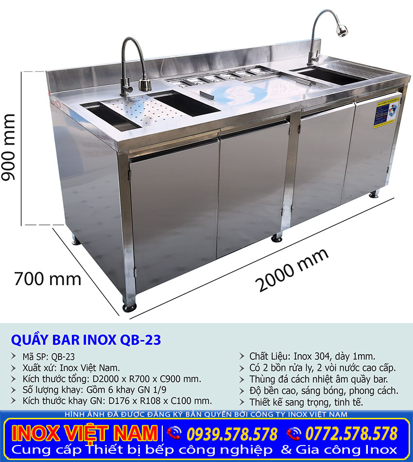 Kích thước quầy pha chế trà sữa inox 2m QB-23
