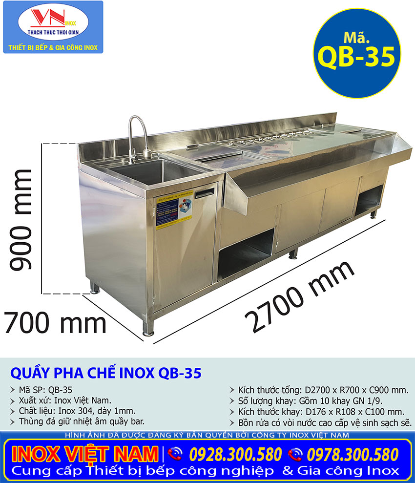 Tỷ lệ kích thước quầy bar inox QB-35