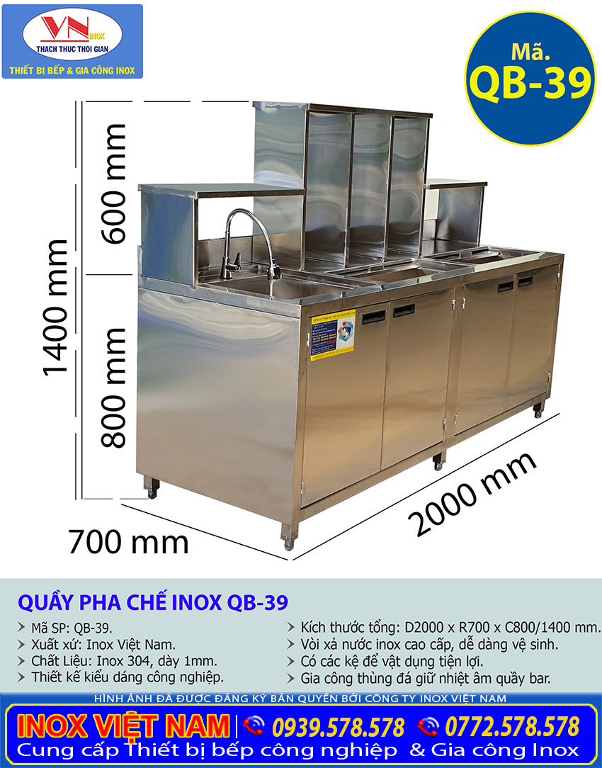 Tỷ lệ kích thước quầy pha chế inox QB-39