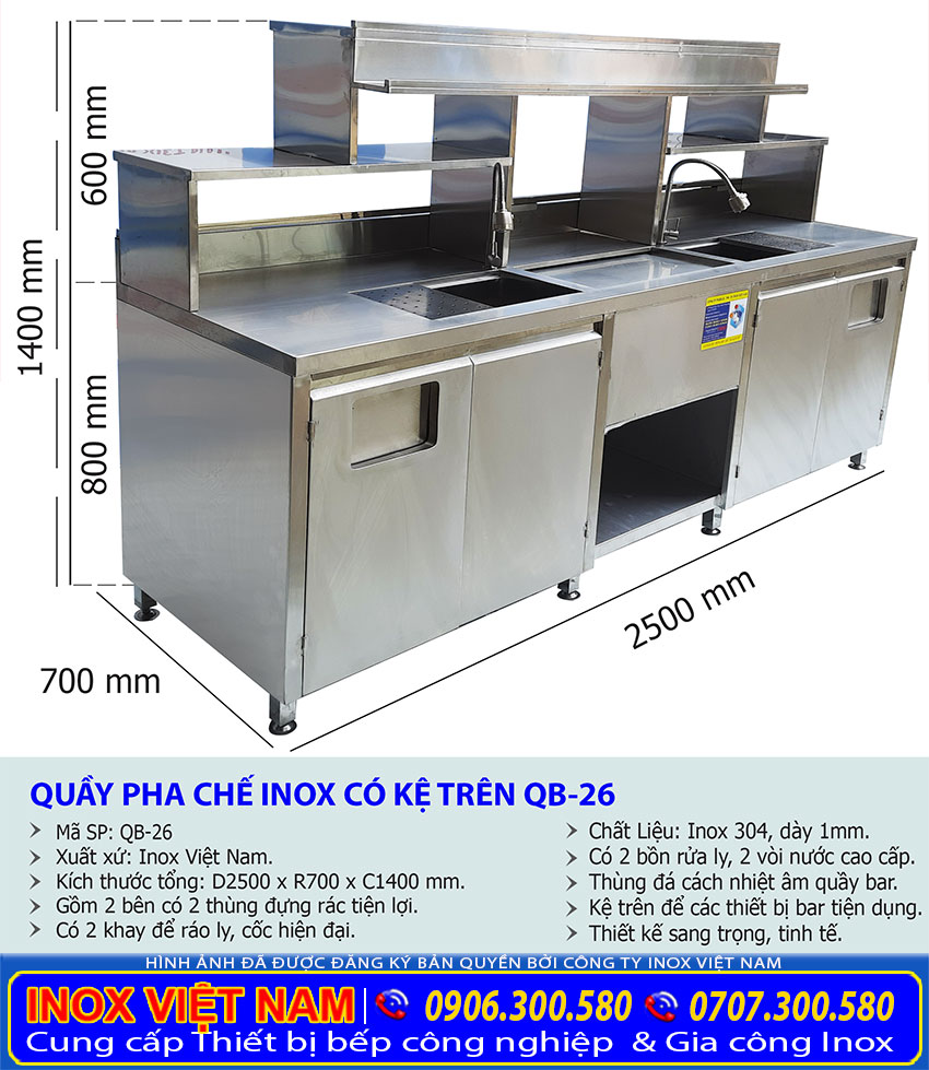 Kích thước quầy bar inox QB-26