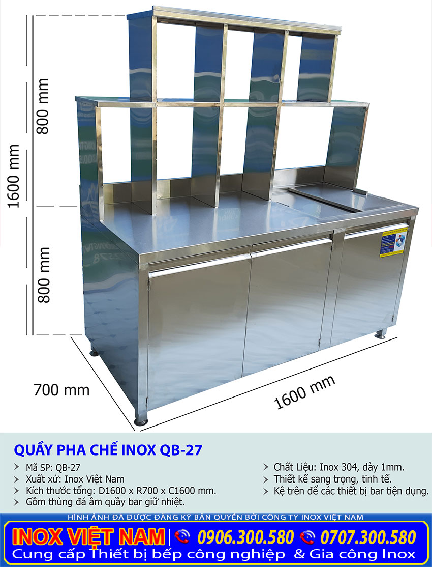 Kích thước quầy pha chế trà sữa inox QB-27