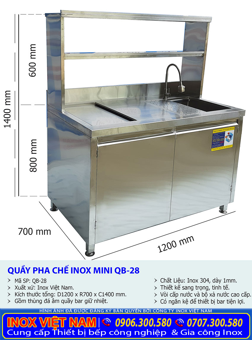 Tỷ lệ kích thước quầy bar inox QB-28