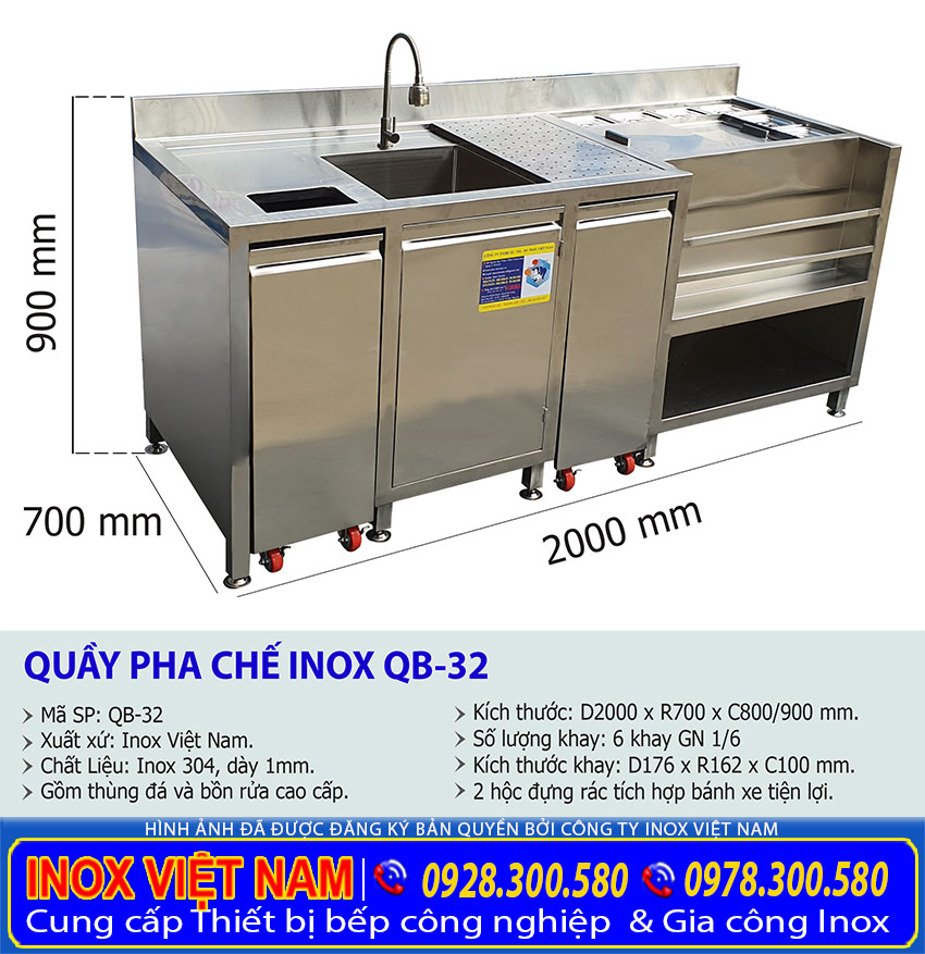 Kích thước quầy pha chế inox, quầy bar cao cấp QB-32