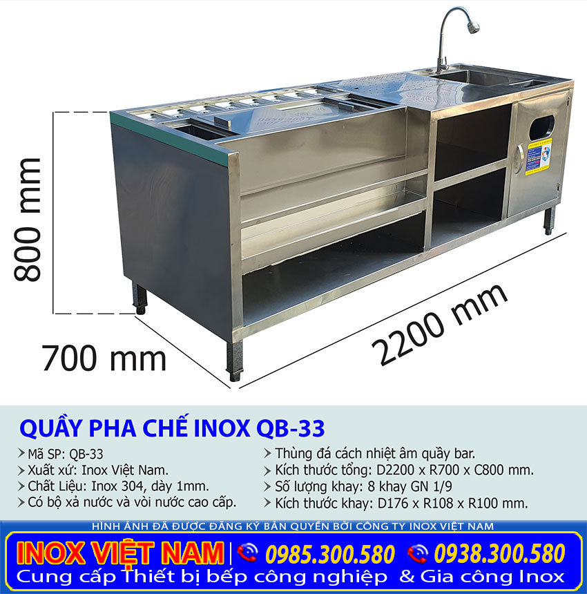 Tỷ lệ kích thước quầy bar inox QB-33