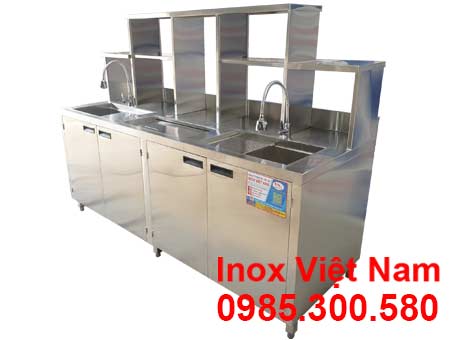 Quầy Pha Chế Trà Sữa Inox 1m8 Có Kệ Trên QB-52