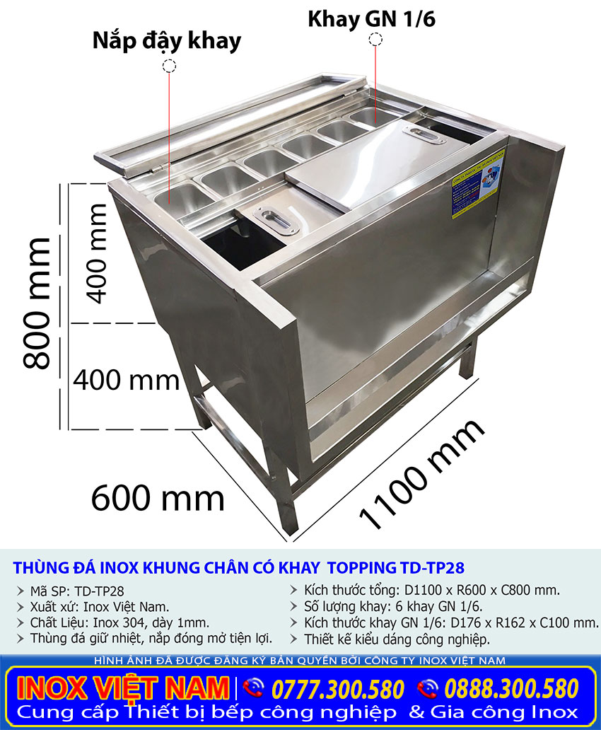 Tỷ lệ kích thước thùng đá inox TP-28