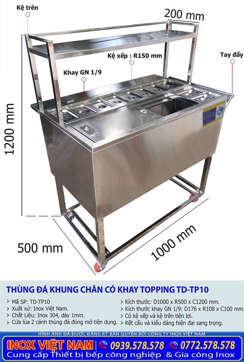 Kích thước thùng đựng đá có khay topping