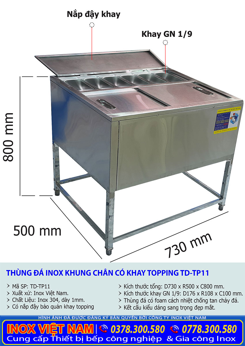 Kích thước thùng đựng đá inox có khay topping TD-TP11