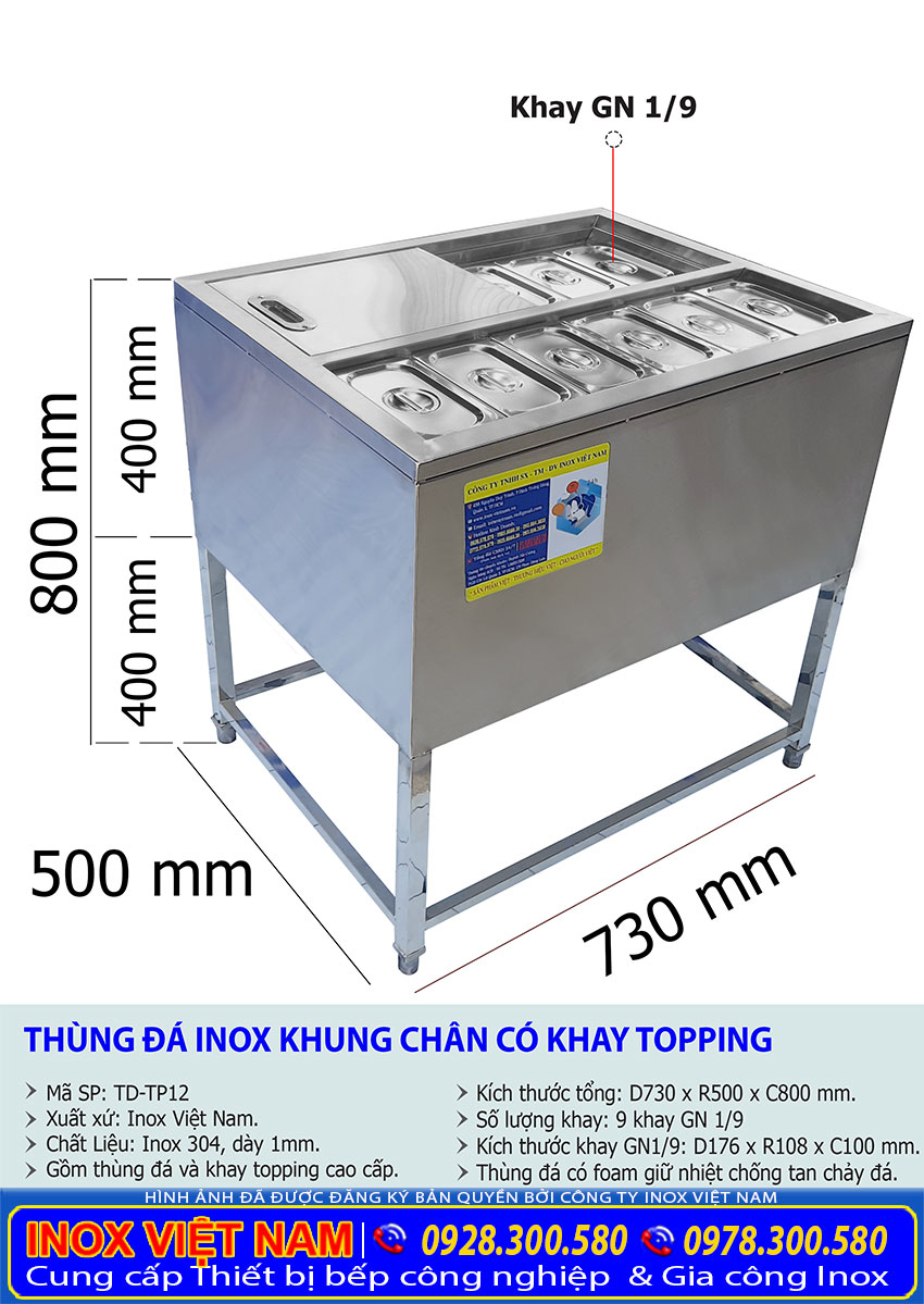 Tỷ lệ kích thước thùng đựng đá có khay topping TD-TP12