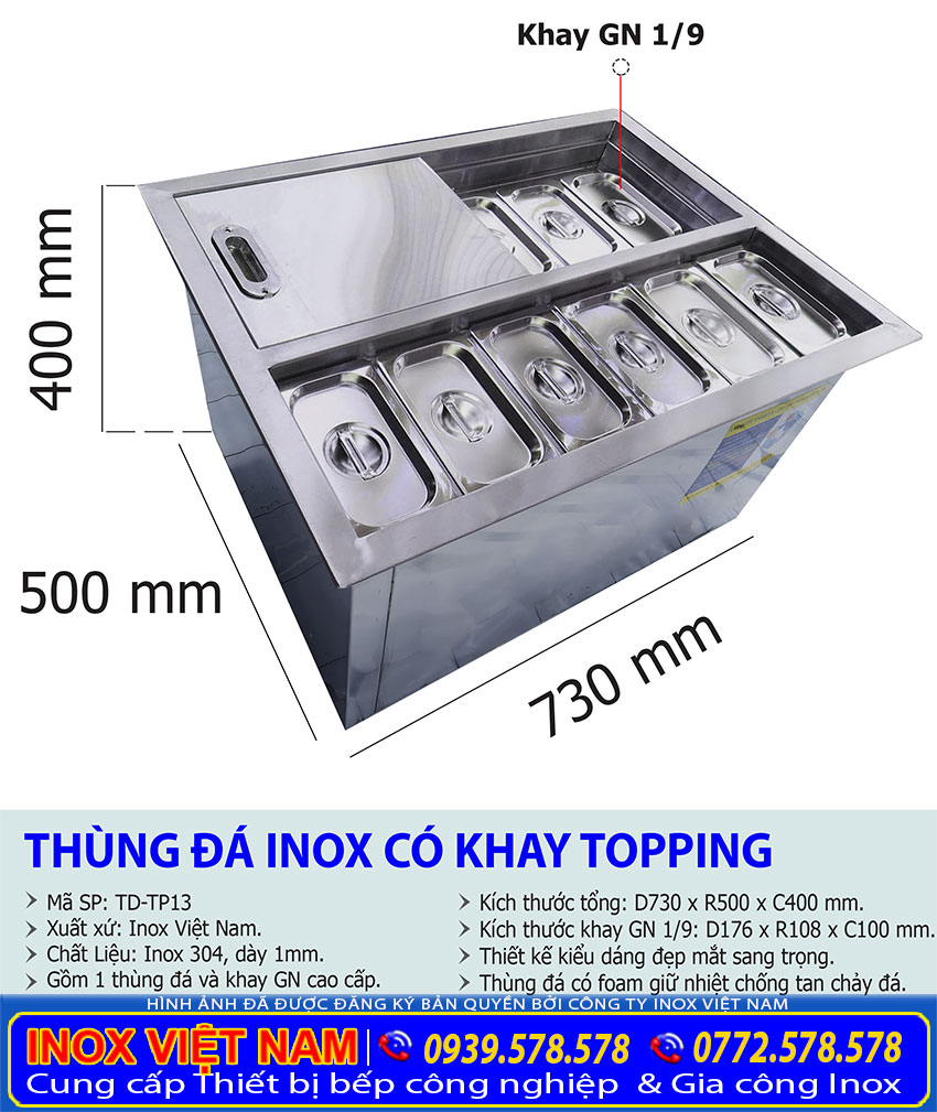 Tỷ lệ kích thước thùng đựng đá có khay topping TD-TP13