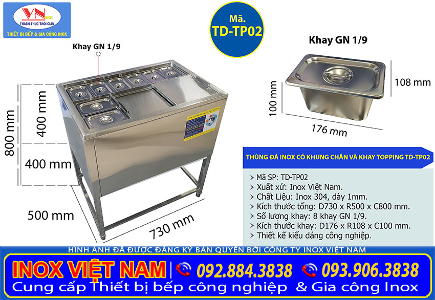 Tỷ lệ kích thước thùng đá inox có khay topping TD-TP02