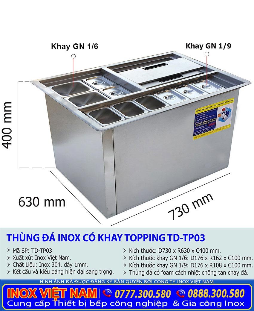 Kích thước tủ đá inox có khay topping TD-TP03