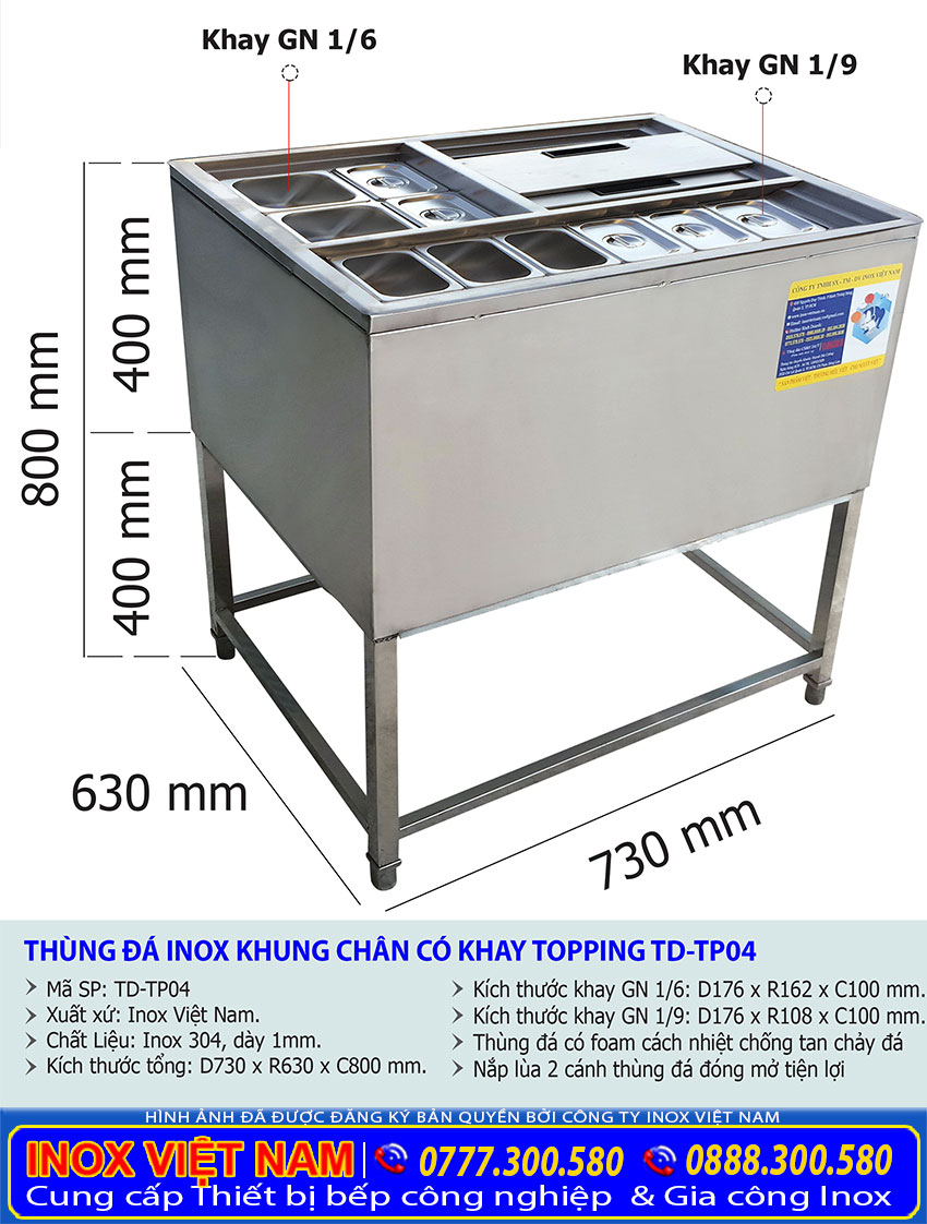 Kích thước thùng đựng đá inox có khung chân và khay topping TD-TP04