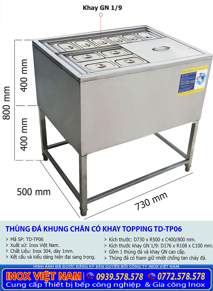 Thùng đá inox khung chân có khay topping TD-TP06
