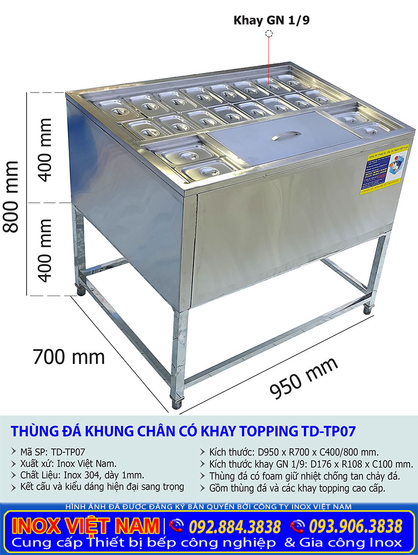 Kích thước thùng đựng đá có khay topping TD-TP07