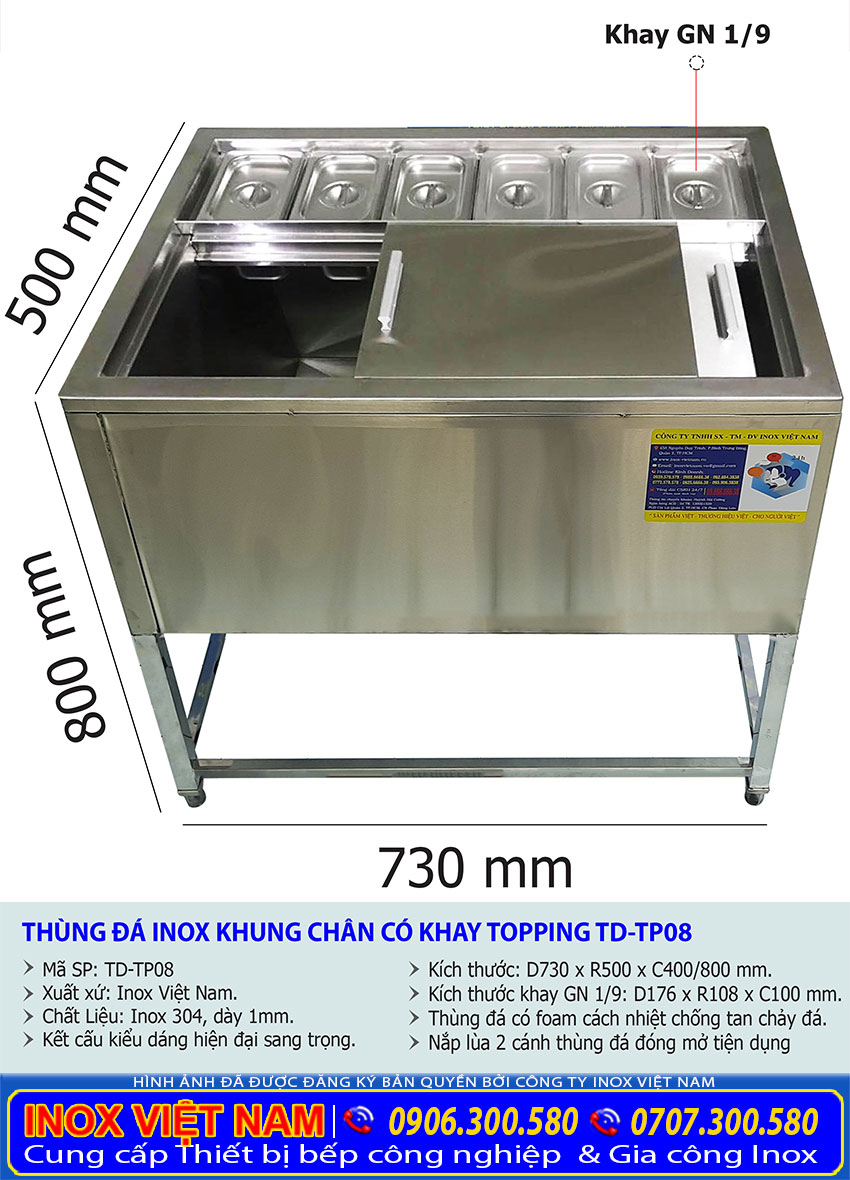 Kích thước thùng đựng đá inox có khay topping TD-TP-08