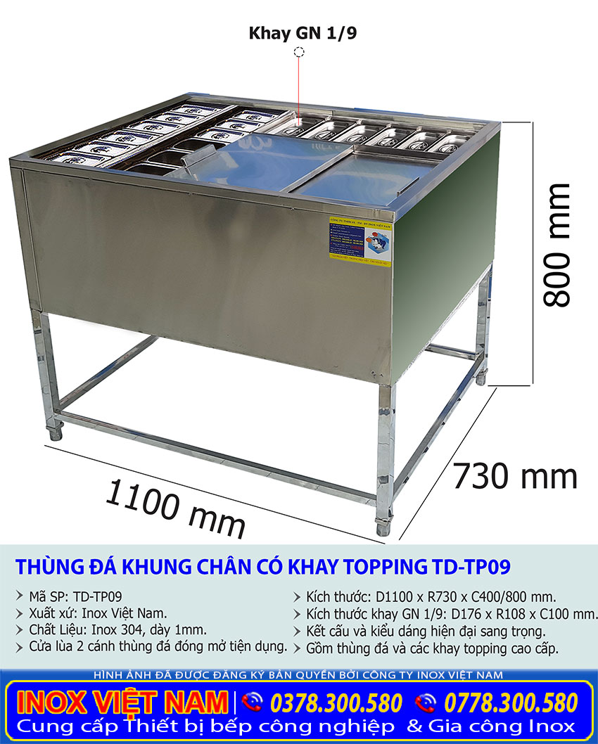 Tỷ lệ kích thước thùng đựng đá có khung chân và khay topping TD-TP09