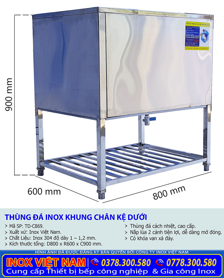 Thông số kỹ thuật thùng chứa đá inox có kệ dưới TD-C869