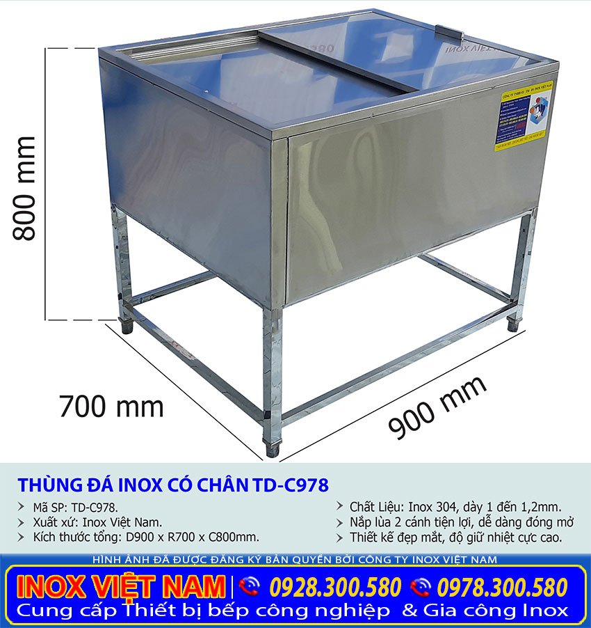 Thông số kỹ thuật thùng đựng đá inox có khung chân TD-C978