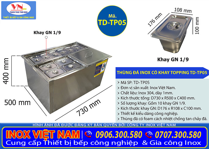 Tỷ lệ kích thước thùng đá inox có khay topping TD-TP05