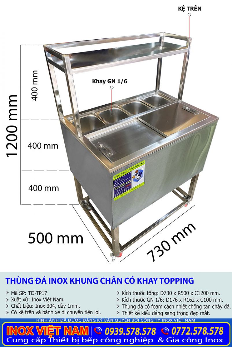 Tỷ lệ kích thước thùng đựng đá inox có khay topping TD-TP17