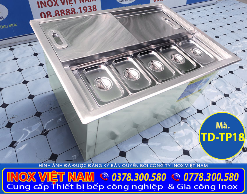 Mẫu thùng đựng đá inox âm bàn có khay topping TD-TP18