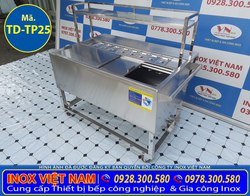 Thùng đá inox quầy bar có khay topping và kệ trên