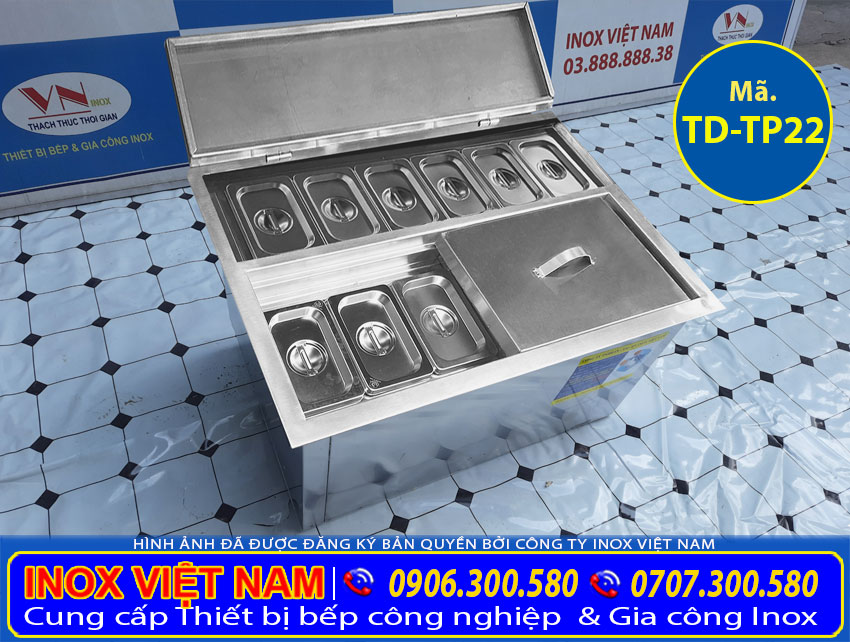 Thùng chứa đá inox có khay topping