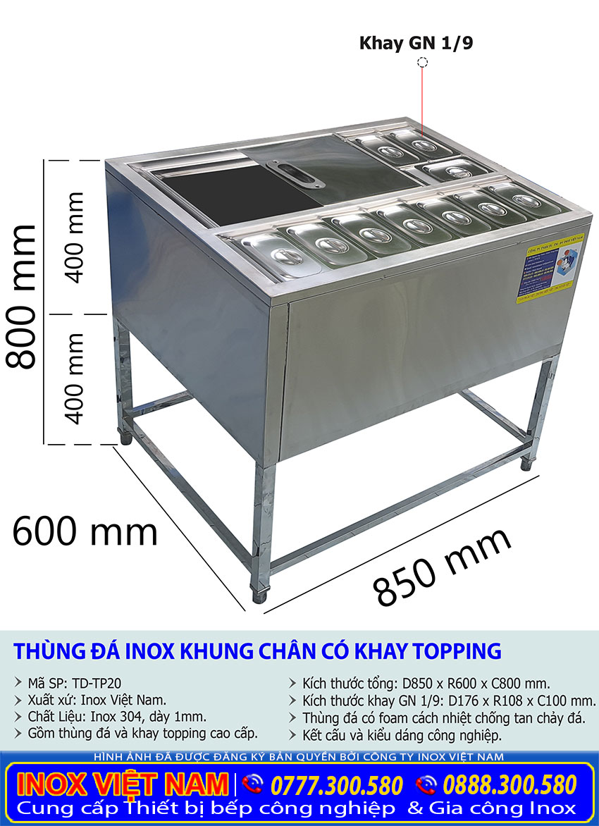 Thùng chứa đá inox có khay topping