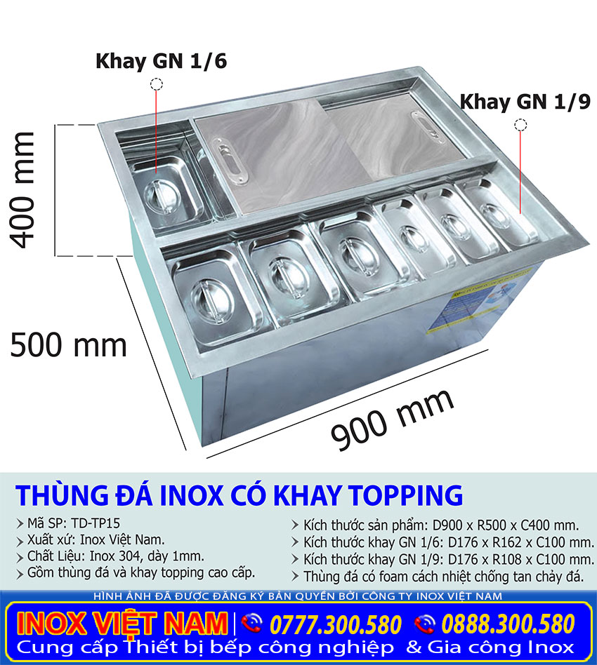 Tỷ lệ kích thước thùng đá inox âm bàn có khay topping TD-TP15