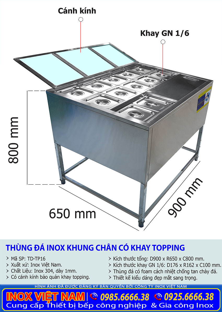 Kích thước thùng đá inox có khay topping mã TD-TP16