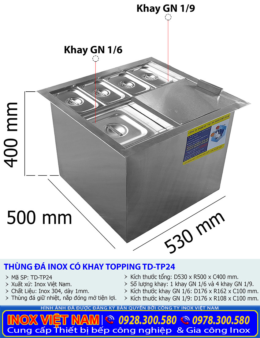 Tỷ lệ kích thước thùng đá inox có khay topping TD-TP24