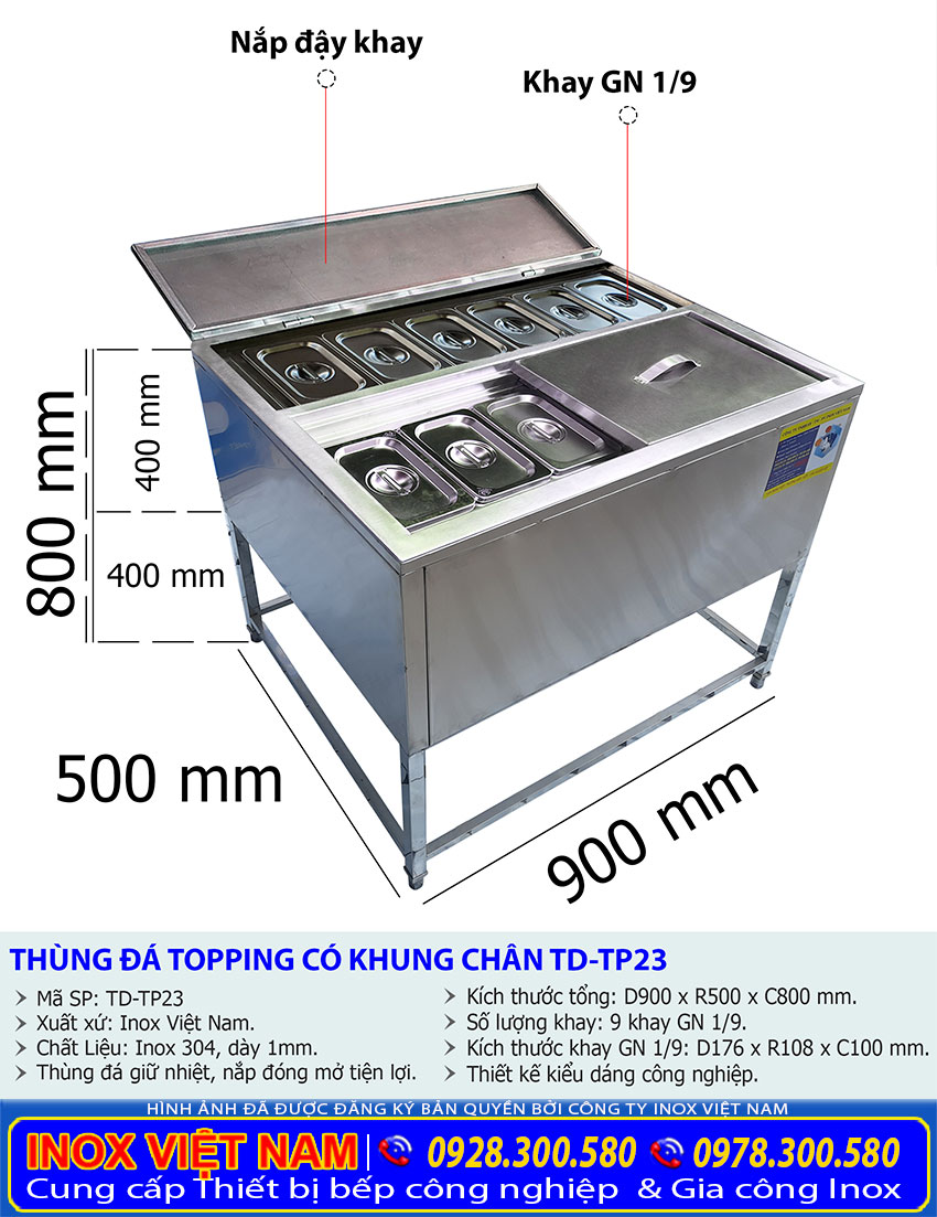 Tỷ lệ kích thước thùng đá inox có khay topping TD-TP23