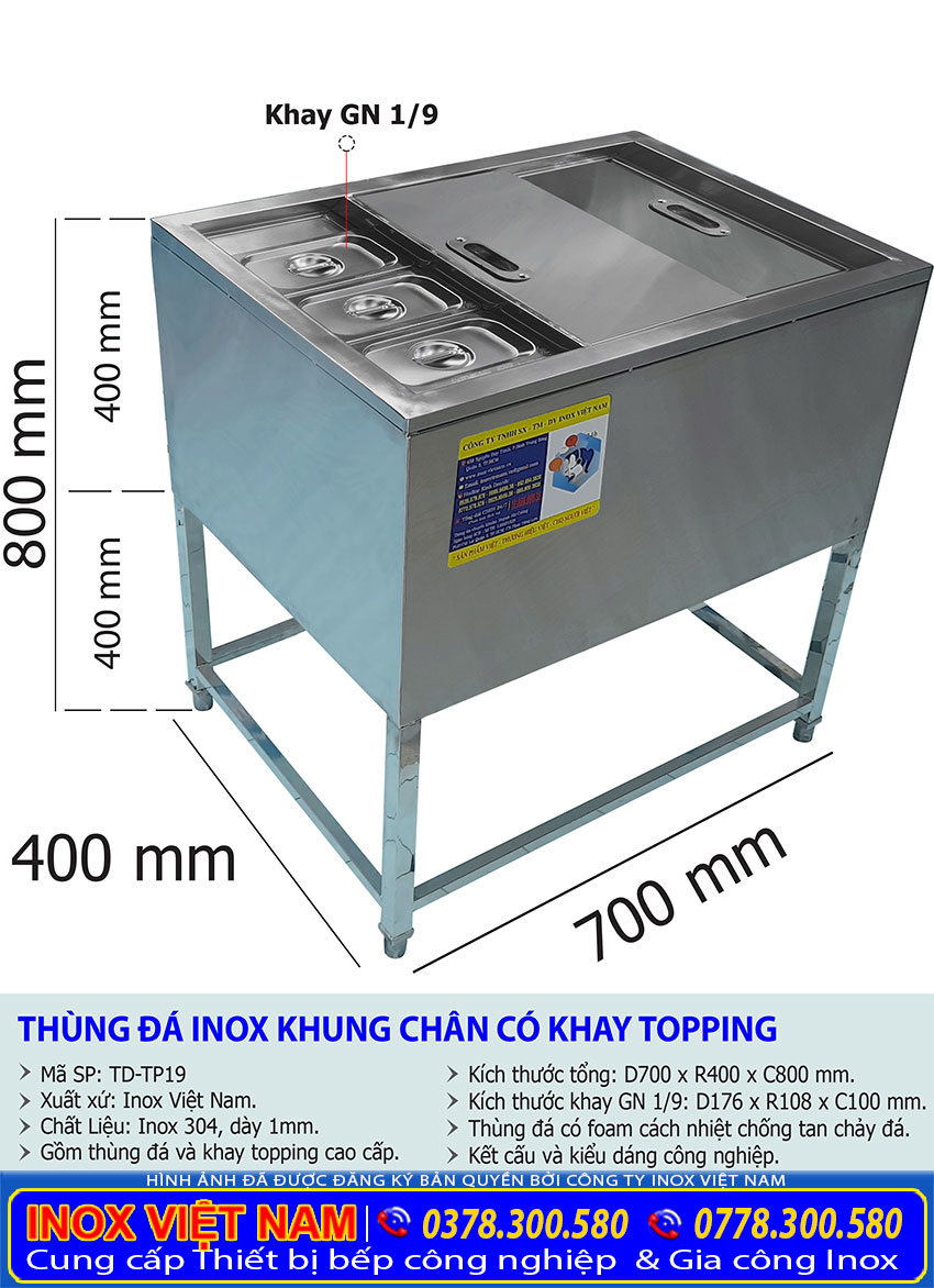 Tỷ lệ kích thước thùng đá inox có khay topping TD-19