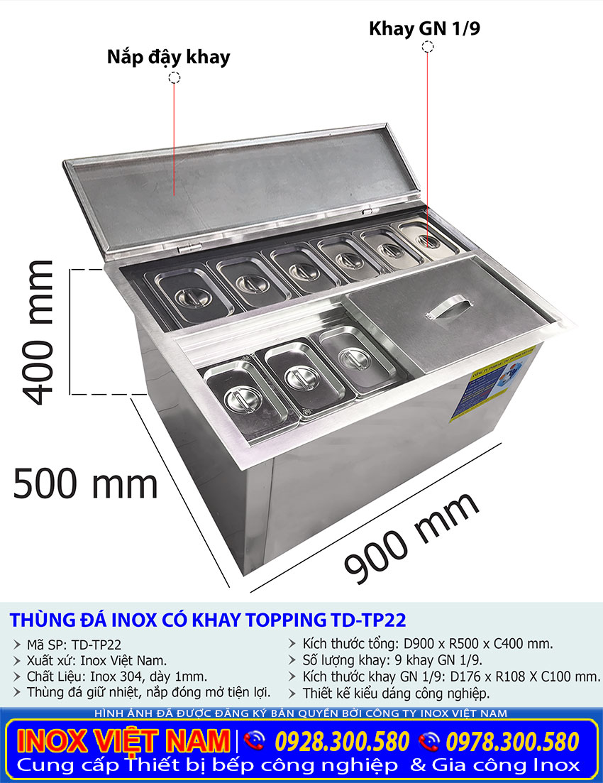 Tỷ lệ kích thước thùng đá có khay topping TD-TP22