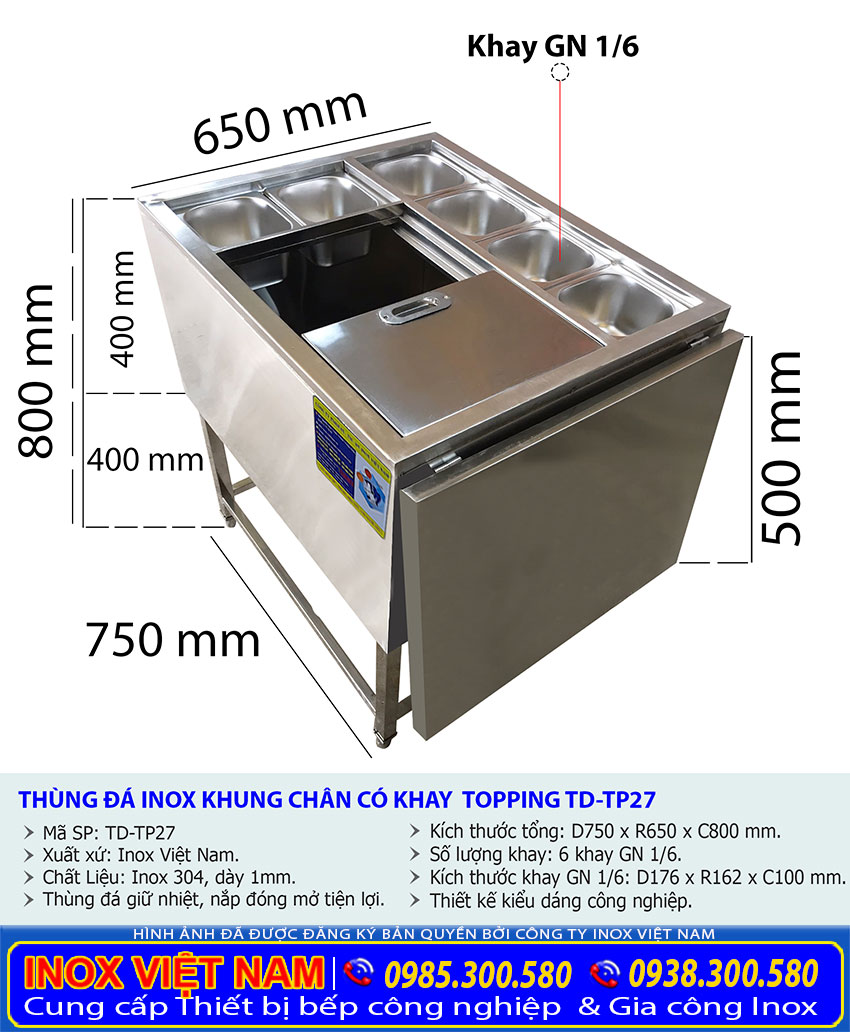 Tỷ lệ kích thước thùng đá inox TP-27