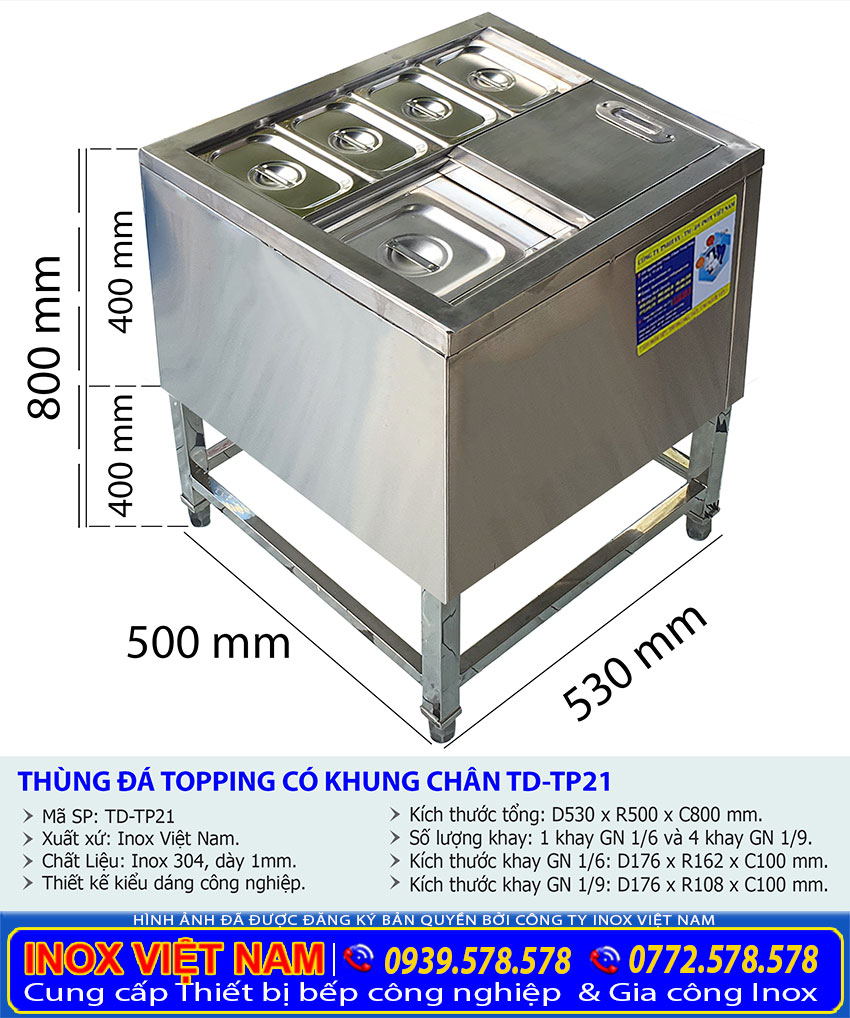 Tỷ lệ kích thước thùng đá inox topping có chân
