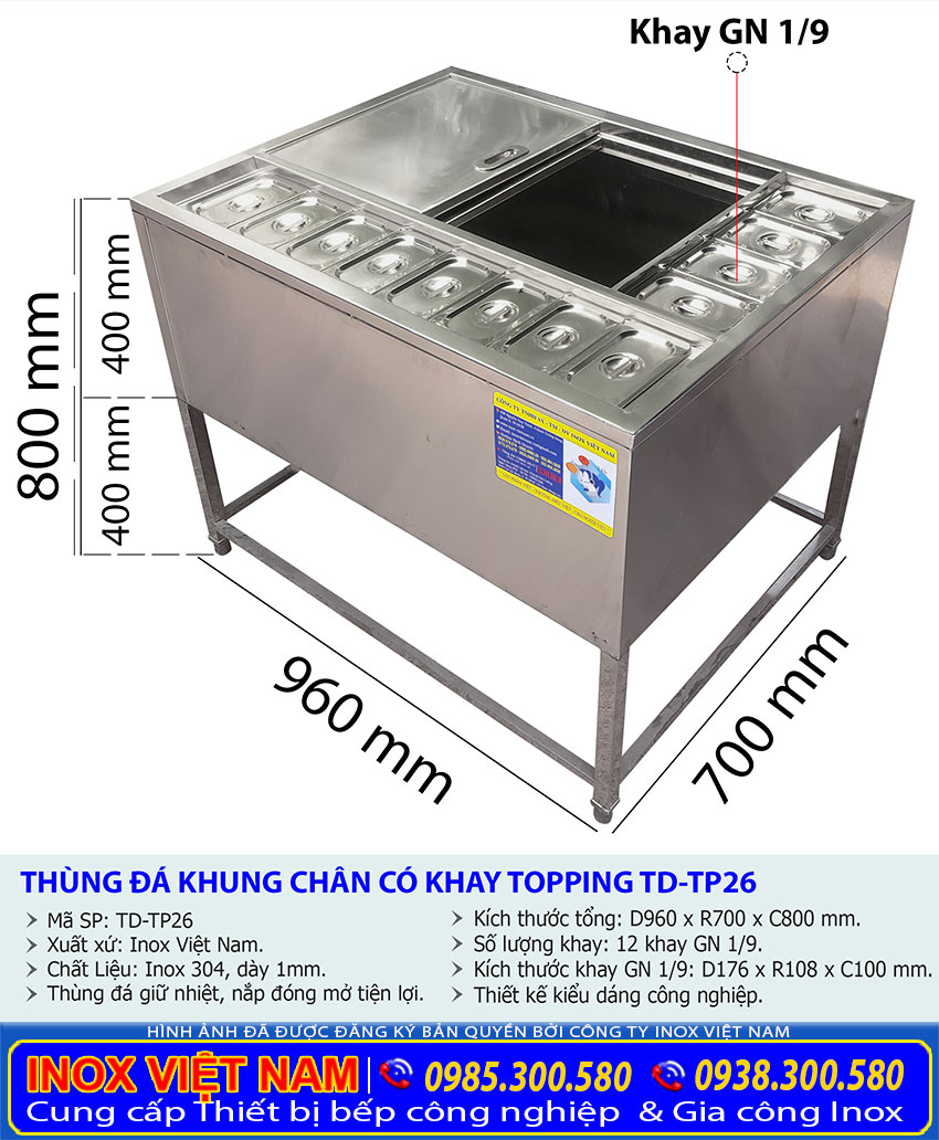 Thùng Đá Inox Topping Có Khung Chân TD-TP26